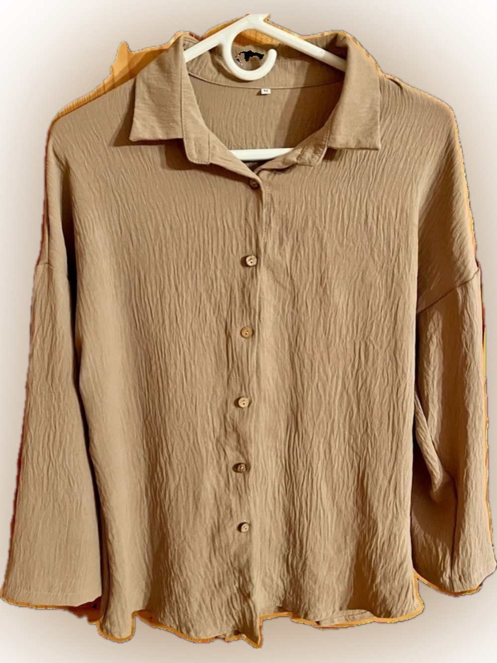 Tan Crinkle Long Sleeve Button Up Shirt Blouse M Casual Neutral Drop Shoulder